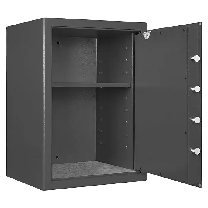 Format Munitionsschrank MNS 610 - Doppelbart-Hochsicherheitsschloss, L x B x H: 380 x 420 x 606 mm - Dunkelgrauer Metalltresor mit geöffneter Tür, zeigt ein Innenregal und verchromte Riegelbolzen.