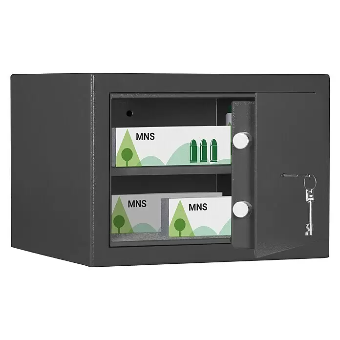 Format Munitionsschrank MNS 410 - Doppelbart-Hochsicherheitsschloss, L x B x H: 380 x 420 x 300 mm - Dunkelgrauer Metallsafeschrank mit geöffneter Tür, Regalen mit MNS-Schachteln für Munition und einem Schlüssel an der Innenseite.