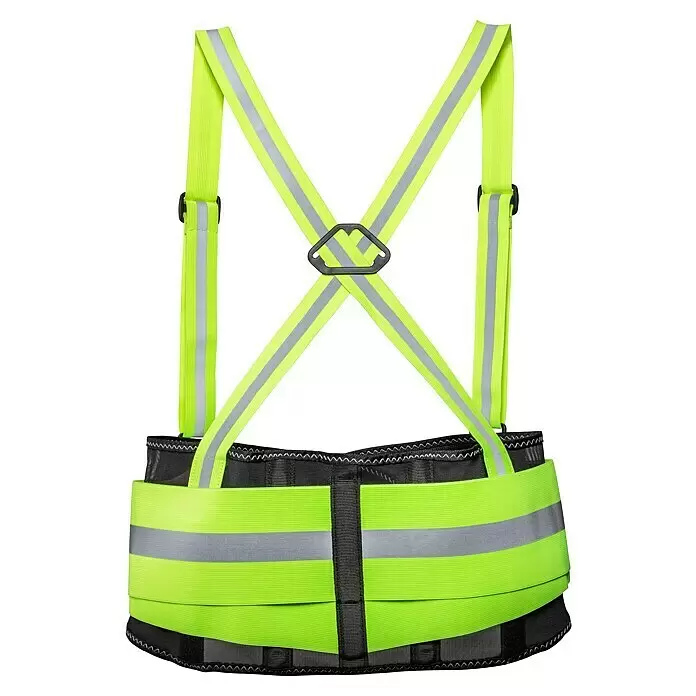 Kneetek Rückenstützgurt HiVis BR 110 - XXL - Neon-gelber Sicherheits-Rückenstützgurt mit Reflexstreifen und Hosenträgern.
