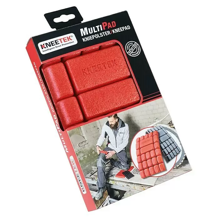 Kneetek Knieschoner MultiPad - Rot, Rechteckig - Rote und graue KNEETEK MultiPAD Kniepolster in Verpackung, zertifiziert für intelligenten Knieschutz (DIN EN 14404).