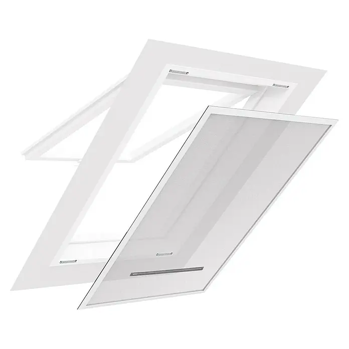 Easy Life easyLINE Sonnen-& Insektenschutz-Gitter - B x H: 140 x 170 cm, Montage Insektengitter: Schrauben - Ein zerlegtes, rechteckiges weißes VELUX Dachfenster, das einen Einblick in seine Konstruktion und Komponenten gewährt.