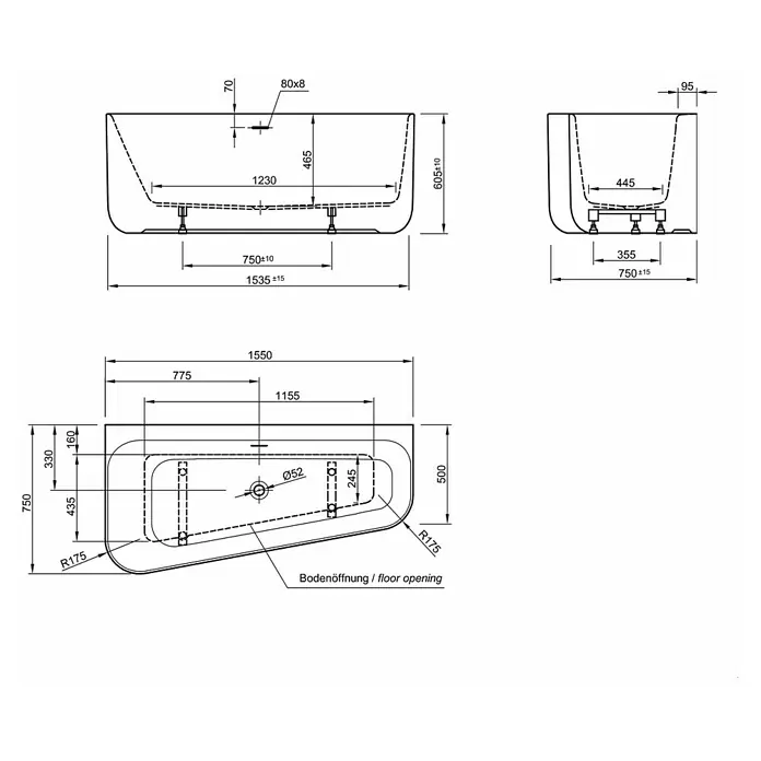 Ottofond Whirlpool Debby - 155 x 75 cm, Sanitäracryl, Weiß, Silent, Rechtsseitig - Schematische Darstellung einer Badewanne mit Maßangaben für Planung und Installation, inklusive Bodenöffnung.