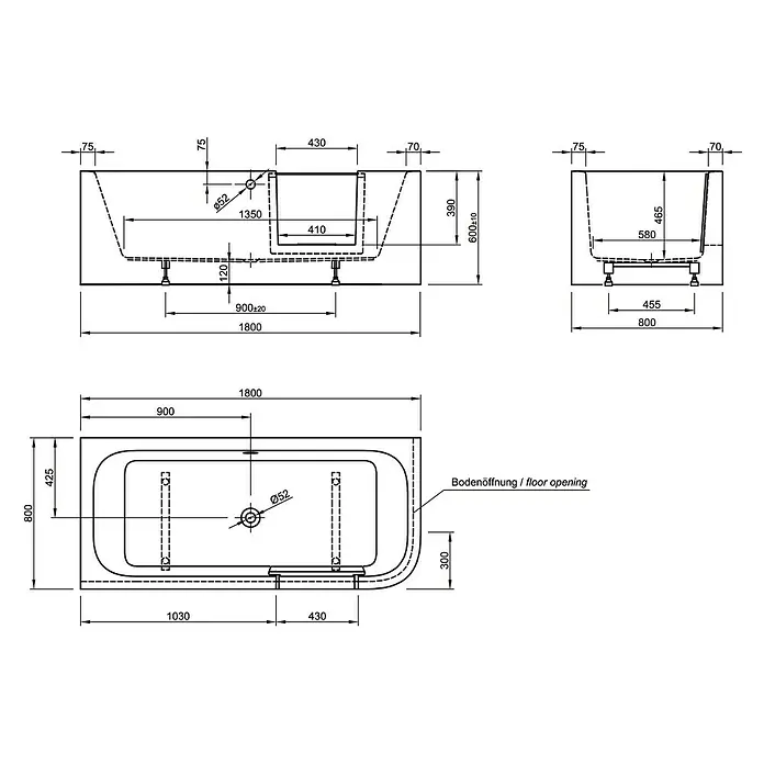 Ottofond Whirlpool Pueblo - 180 x 80 cm, Sanitäracryl, Weiß, Silent, Rechtsseitig - Technische Zeichnung einer Badewanne mit allen Maßen.