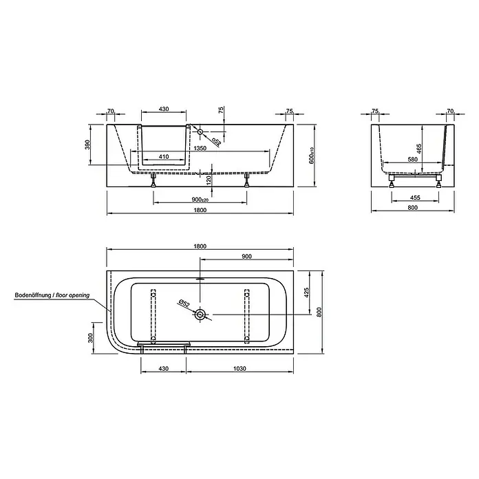 Ottofond Whirlpool Pueblo - 180 x 80 cm, Sanitäracryl, Weiß, Silent, Linksseitig - Technische Zeichnung einer Badewanne mit allen relevanten Maßen für Installation und Einbau.