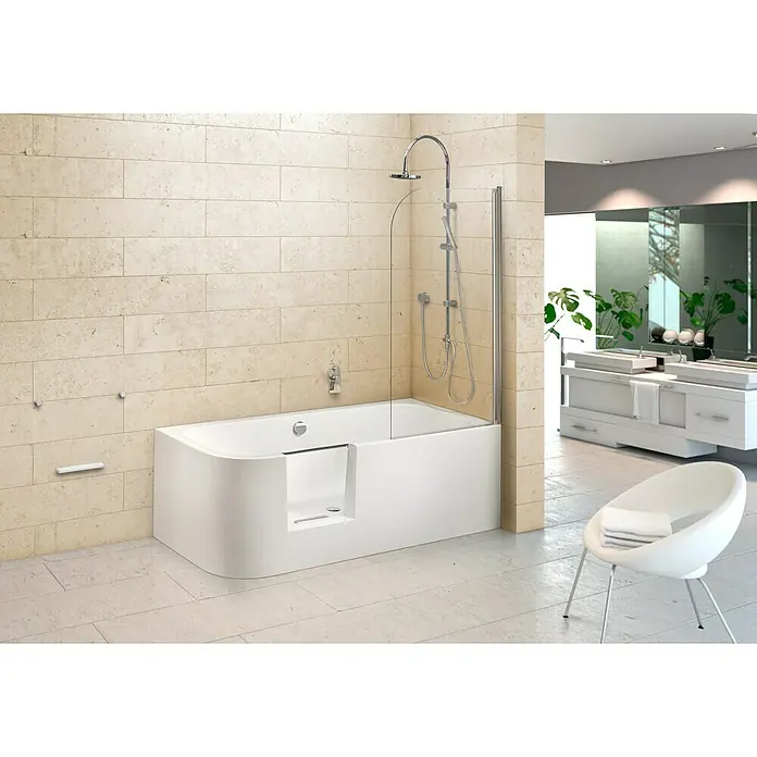 Ottofond Whirlpool Pueblo - 180 x 80 cm, Sanitäracryl, Weiß, Silent, Linksseitig - Elegantes Badezimmer mit einer modernen, begehbaren Badewanne und Duschabtrennung, die Komfort und Stil vereint.