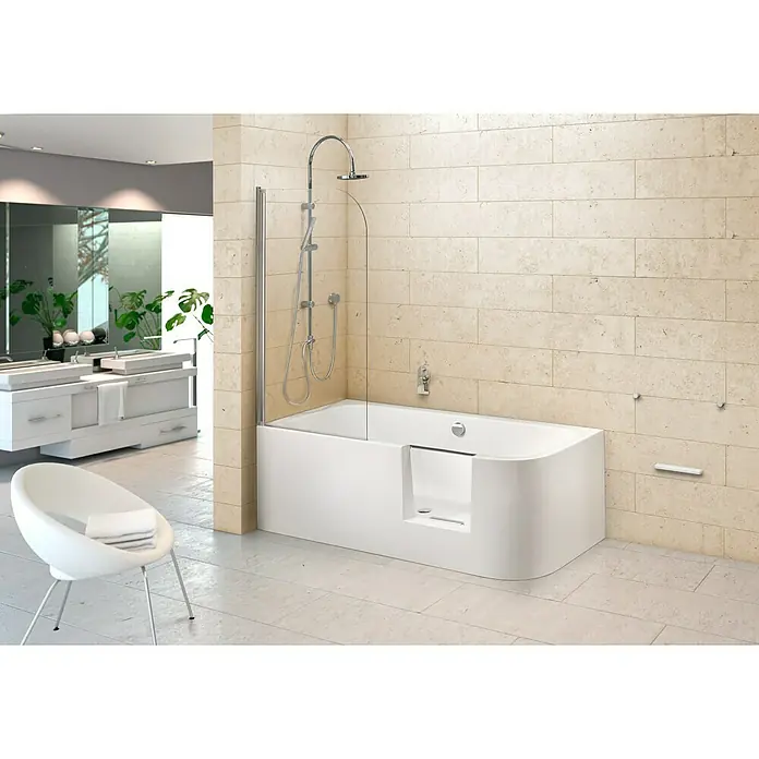 Ottofond Whirlpool Pueblo - 180 x 80 cm, Sanitäracryl, Weiß, Silent, Rechtsseitig - Ein modernes Badezimmer mit einer stilvollen, begehbaren Badewanne mit Duschabtrennung und Armaturen in Chromoptik.