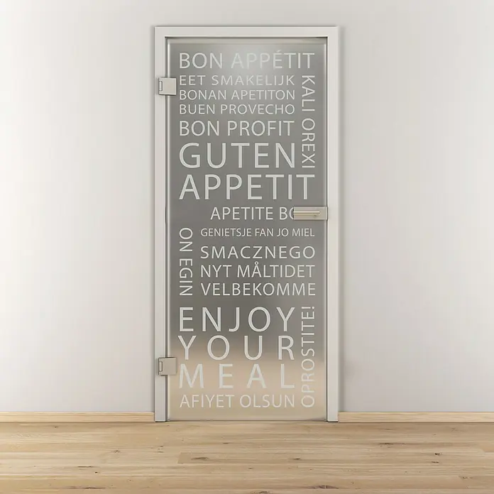 Diamond Doors Glasdrehtür 625 - 834 x 1.972 mm, DIN Anschlag: Links, Milchglas - Eine moderne Glastür mit dem Aufdruck "Guten Appetit" in verschiedenen Sprachen für ein stilvolles Esszimmer.