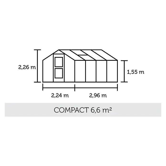 Juliana Gewächshaus Compact - Außenmaß inkl. Dachüberstand (B x T): 224 x 295 cm, Material Seitenwand: Glas, 3 mm, Anthrazit/Schwarz - Abbildung eines Kompakt-Gewächshauses mit Abmessungen von 2,26 m Höhe und einer Grundfläche von 6,6 m². Detaillierte Größenangaben sind enthalten.