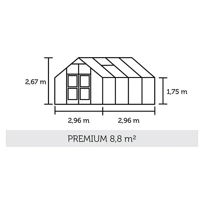 Juliana Gewächshaus Premium - Außenmaß inkl. Dachüberstand (B x T): 296 x 296 cm, Material Seitenwand: Kunststoff, 10 mm, Silber/Schwarz - Abbildung eines Premium-Gewächshauses mit den Maßen 2,67 m Höhe, 2,96 m Breite und einer Fläche von 8,8 m². Ideal für Hobbygärtner.