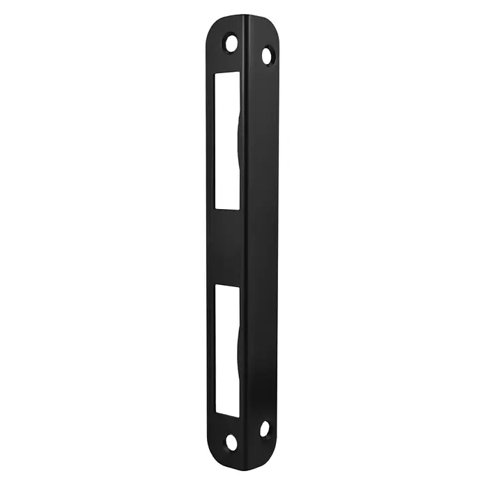 Bever Schließblech 1ZTR - Schwarz, B x H: 20 x 170 mm - Schwarze Türschildverstärkung aus Metall mit Aussparungen und Schraubenlöchern. Robust und langlebig für zusätzliche Sicherheit.