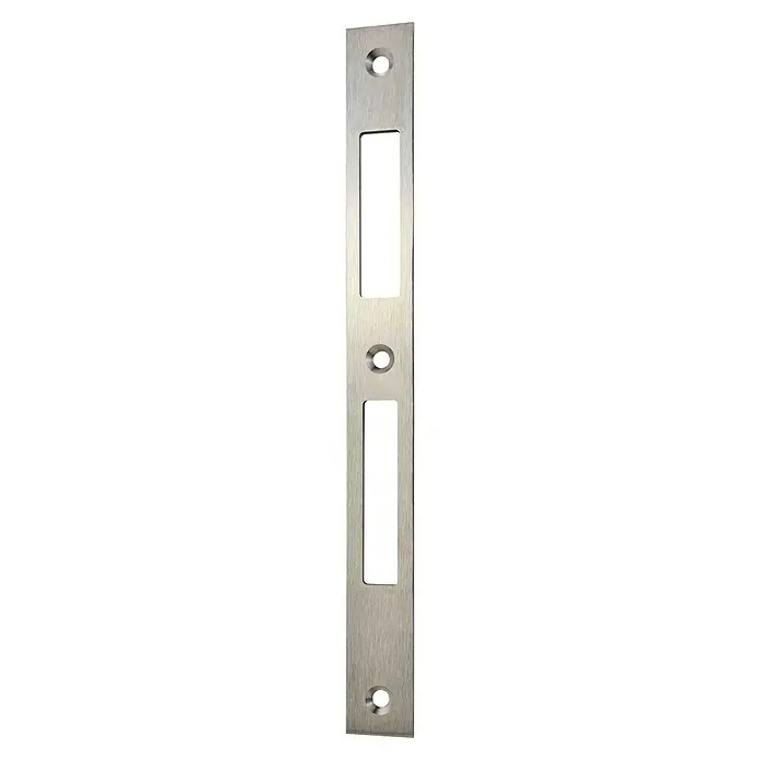 Bever Schließblech - Silber, B x L: 24 x 245 mm - Die längliche Türbeschlagplatte aus gebürstetem Edelstahl mit Aussparungen für Türgriffe und Schraubenlöchern ist abgebildet.