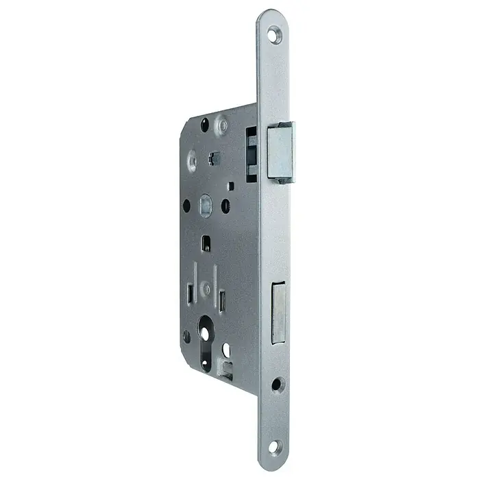 Stabilit Korridor-Einsteckschloss - Rechts, Für Falztüren - Nahaufnahme eines Einsteckschlosses aus Metall, das seine mechanischen Details und die robuste Bauweise für Sicherheit und Funktionalität zeigt.
