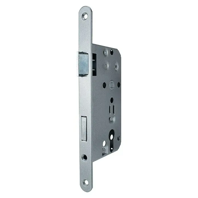 Stabilit Korridor-EinsteckschlossLinks, Für Falztüren - Türschloss aus Metall mit Löchern für Schrauben und einem rechteckigen Riegel.