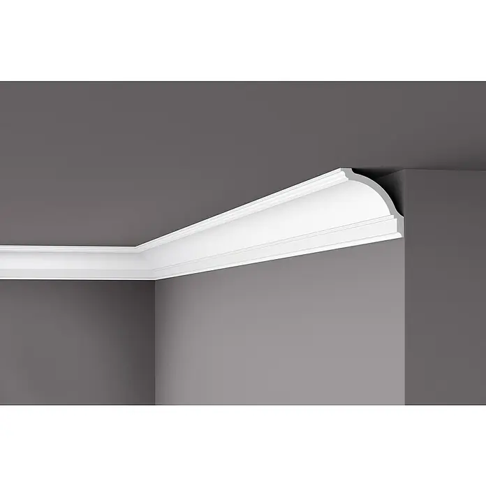 Nmc Decoflair Zierleiste Deckenleiste GP - 2 m x 100 mm x 100 mm - Detailaufnahme einer eleganten, weißen Deckenleiste, die den Übergang zwischen Wand und Decke stilvoll betont. Das Zierelement wertet jeden Raum auf.