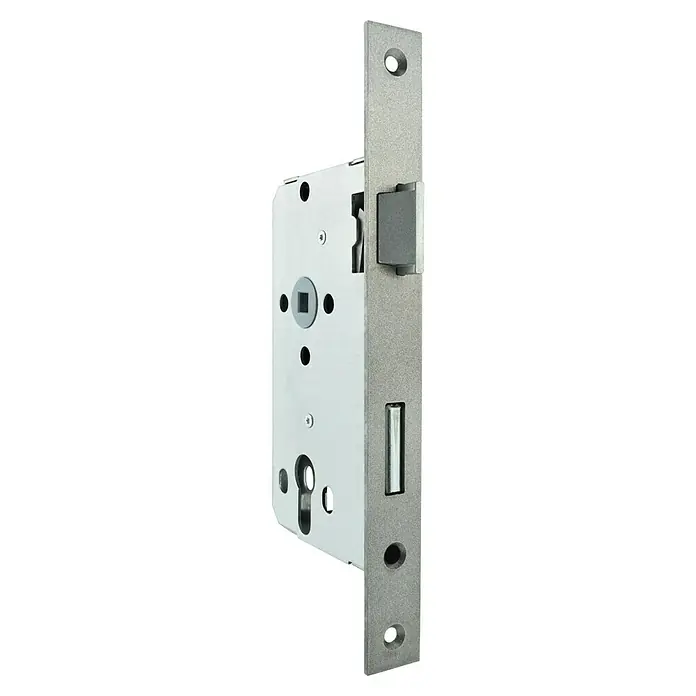 Stabilit Korridor-Einsteckschloss - Rechts, Für stumpfe Türen - Ein detailreiches Bild eines Einsteckschlosses, das seine Konstruktion und Mechanismen hervorhebt. Ideal für Sicherheits- und Hardwareprojekte.
