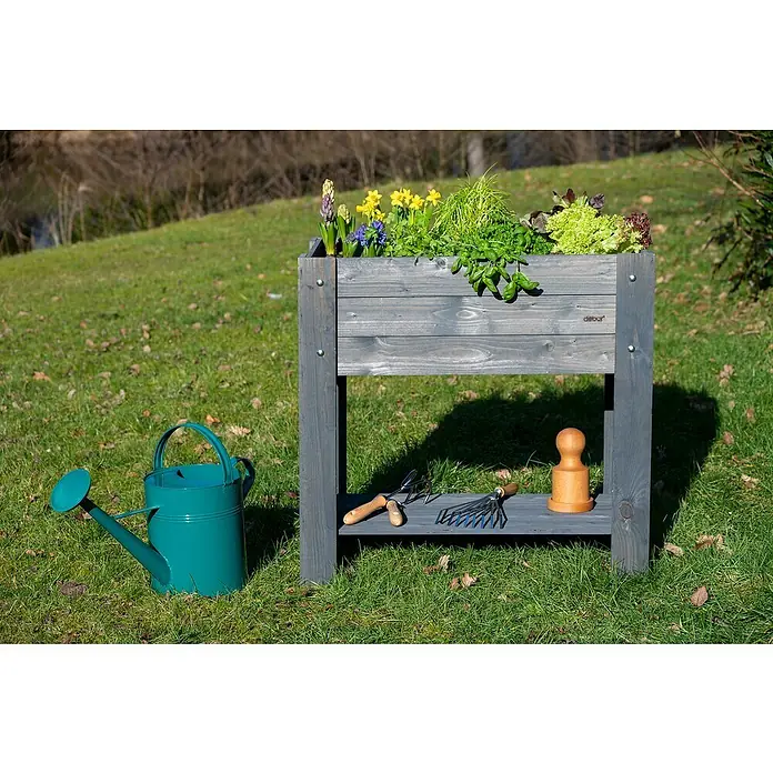 Dobar Hochbeet - L x B x H: 80,3 x 40 x 78,4 cm, Holz, Anthrazit - Hochbeet aus Holz mit Bepflanzung und Gartengeräten wie Gießkanne, Rechen und Schere auf einer Wiese für Gartenarbeit und Dekoration.