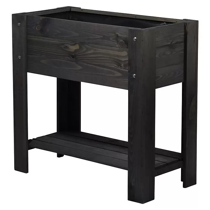 Dobar Hochbeet - L x B x H: 80,3 x 40 x 78,4 cm, Holz, Anthrazit - Dunkelbraunes Holz-Hochbeet mit schwarzem Liner und Lattenregal für Gartenarbeit.