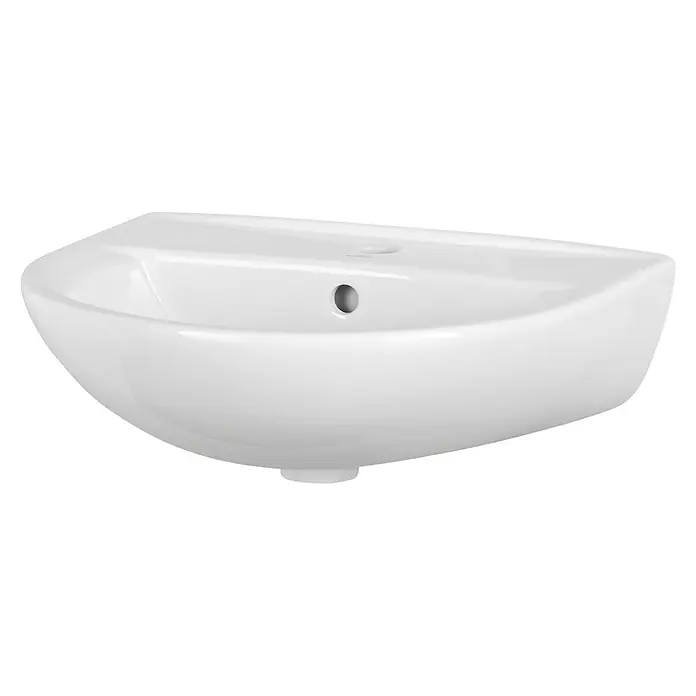 Cersanit Waschtisch President - 50 x 43,5 cm, Ohne Spezialglasur, Hahnloch: Mitte, Mit Überlauf, Weiß - Nahaufnahme eines weißen, modernen Keramikwaschbeckens mit minimalistischem Design.