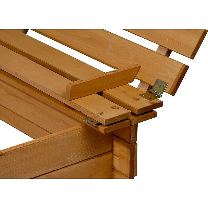 Dobar Sandkasten - 118 x 118 x 20 cm, Holz - Detailaufnahme einer Gartenbank aus Holz mit hochklappbarer Rückenlehne, die mit Scharnieren befestigt ist. Robuste und praktische Konstruktion.