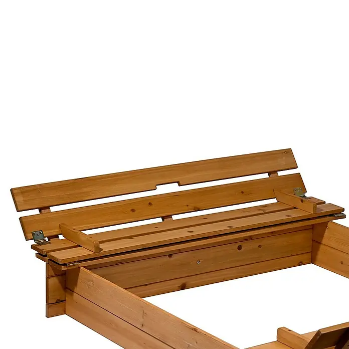 Dobar Sandkasten - 118 x 118 x 20 cm, Holz - Nahaufnahme einer Holzsandkiste mit hochklappbarer Bank. Ideal für Kinder zum Spielen im Freien.