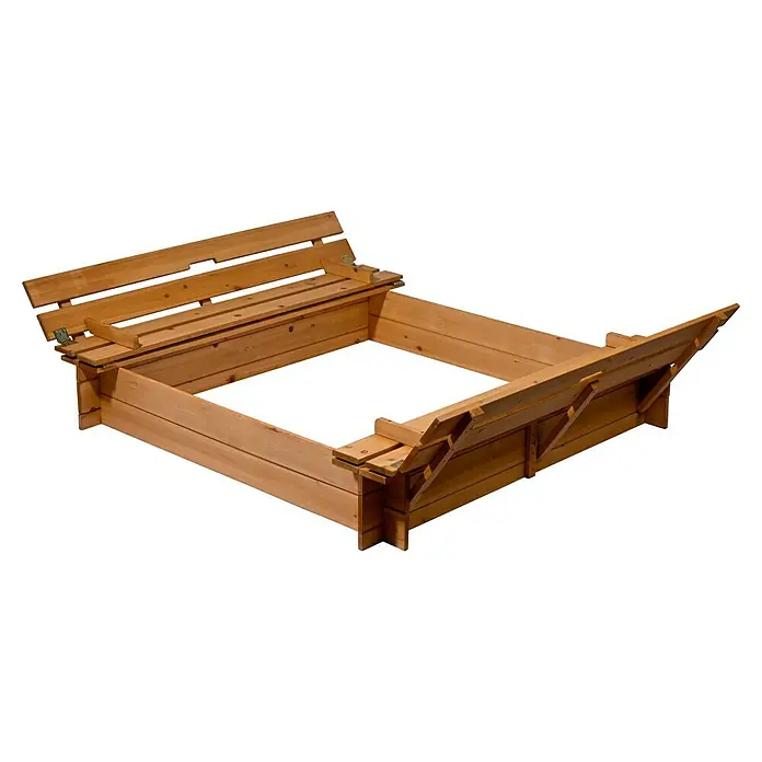 Dobar Sandkasten - 118 x 118 x 20 cm, Holz - Das Bild zeigt einen Sandkasten mit klappbaren Sitzbänken aus Holz, ideal für Kinder zum Spielen im Garten. Die Bänke bieten bequemen Platz.