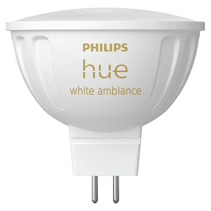 Philips Hue Smart-LED-Lampen Set White Ambiance MR16 - GU5,3, Dimmbar, Neutralweiß, 350 lm, 5,1 W, 1 Stk. - Nahaufnahme einer Philips Hue White Ambiance Lampe.