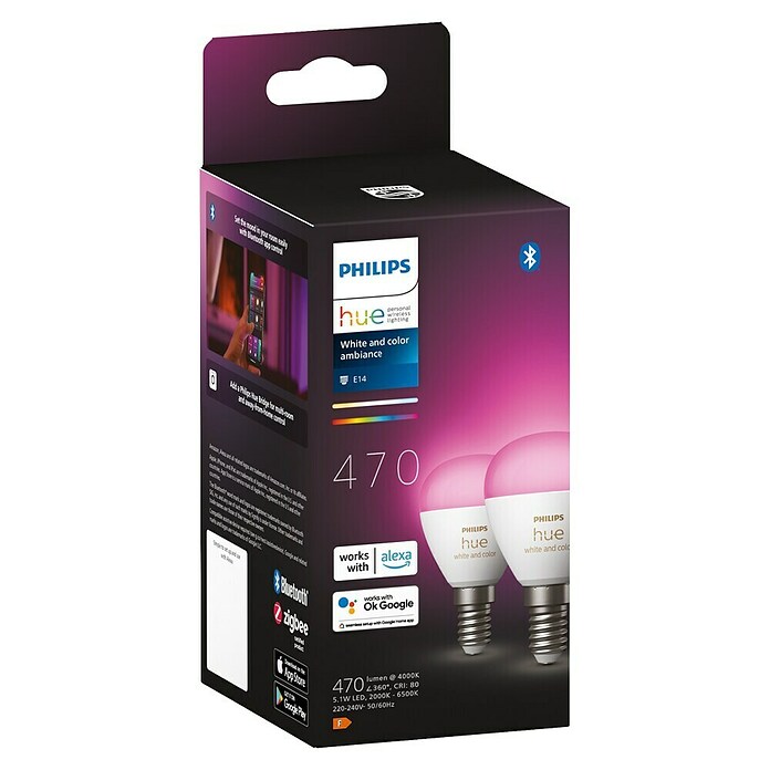 Philips Hue Smart-LED-Lampen-Set White & Color Ambiance Tropfen (E14, Dimmbar, RGBW, 470 lm, 5,1 W, 2 Stk.) | BAUHAUS