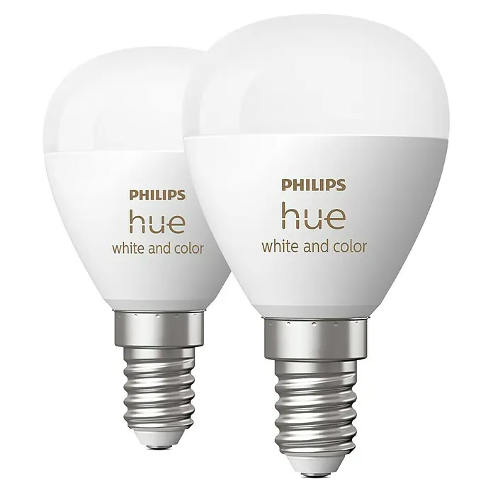 Philips Hue Smart-LED-Lampen Set White & Color Ambiance Tropfen - E14, Dimmbar, RGBW, 470 lm, 5,1 W, 2 Stk. - Zwei Philips Hue White and Color Glühbirnen, die intelligente Beleuchtung für Ihr Zuhause bieten, dargestellt auf schwarzem Hintergrund.