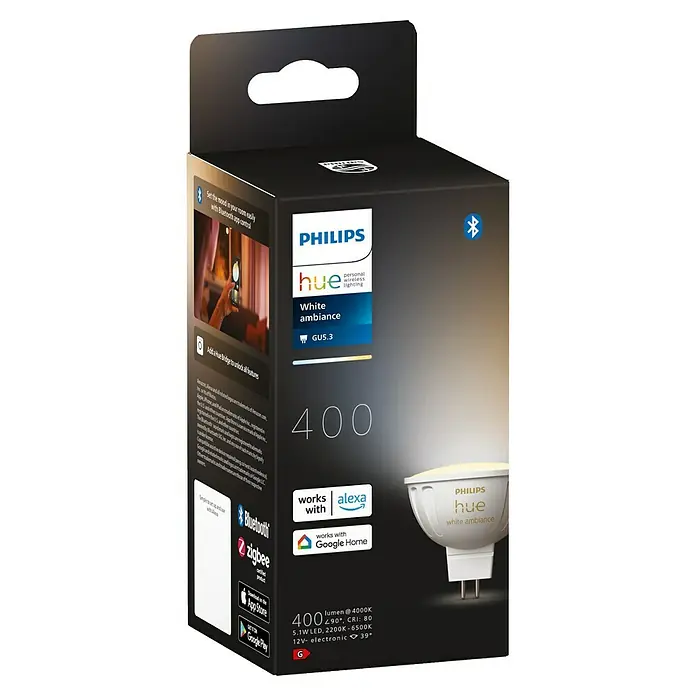 Philips Hue Smart-LED-Lampen Set White Ambiance MR16 - GU5,3, Dimmbar, Neutralweiß, 350 lm, 5,1 W, 1 Stk. - Eine Philips Hue White Ambiance GU5.3 Lampe in der Produktverpackung. Das intelligente Beleuchtungssystem für ein gemütliches Zuhause.