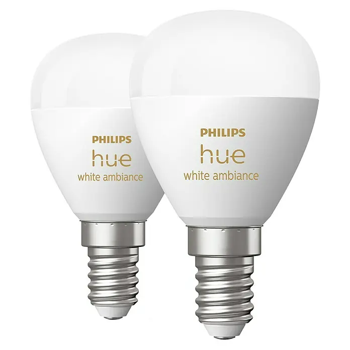 Philips Hue Smart-LED-Lampen Set White Ambiance Tropfen - E14, Dimmbar, Neutralweiß, 470 lm, 5,1 W, 2 Stk. - Zwei Philips Hue White Ambiance E14 LED-Lampen, die intelligentes Licht für Ihr Zuhause bieten.