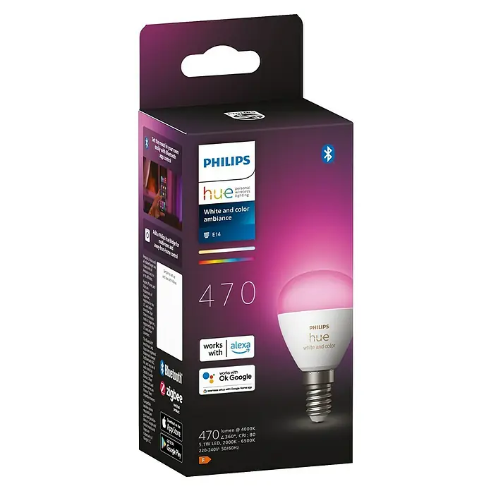 Philips Hue Smart-LED-Lampen Set White & Color Ambiance Tropfen - E14, Dimmbar, RGBW, 470 lm, 5,1 W, 1 Stk. - Nahaufnahme der Philips Hue White and Color Ambiance E14-Glühbirne mit Bluetooth-App-Steuerung, kompatibel mit Alexa und Google.
