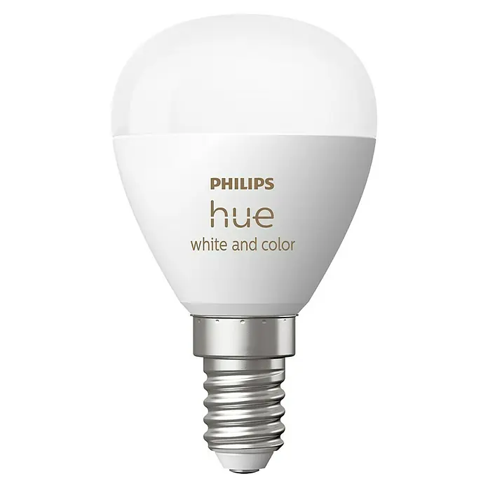 Philips Hue Smart-LED-Lampen Set White & Color Ambiance Tropfen - E14, Dimmbar, RGBW, 470 lm, 5,1 W, 1 Stk. - Nahaufnahme einer Philips Hue White and Color Lampe, die intelligente Beleuchtung für eine individuelle Atmosphäre bietet.