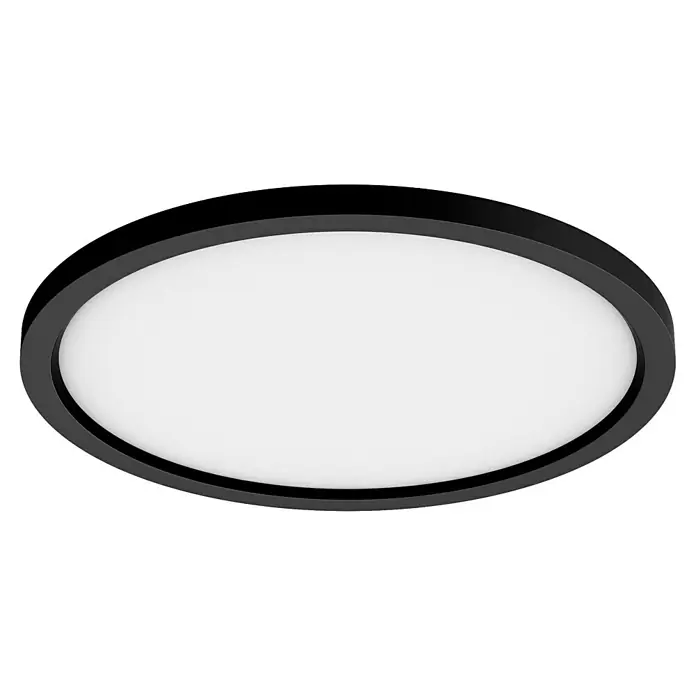 Philips Hue LED-Panel rund Aurelle - 21 W, Ø x H: 39,5 x 4,7 cm, Schwarz, Warmweiß - Nahaufnahme einer runden LED-Deckenleuchte mit schwarzem Rahmen, die ein helles, gleichmäßiges Licht spendet.