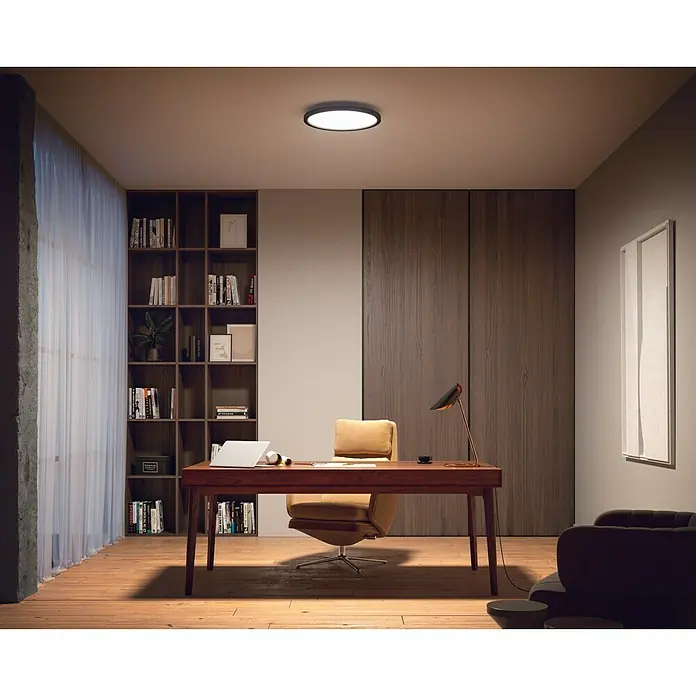 Philips Hue LED-Panel rund Aurelle - 21 W, Ø x H: 39,5 x 4,7 cm, Schwarz, Warmweiß - Das Bild zeigt eine moderne Deckenleuchte in einem stilvollen Arbeitszimmer, die für eine angenehme Beleuchtung sorgt. Ideal für fokussiertes Arbeiten.