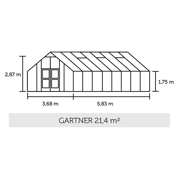Juliana Gewächshaus Gärtner - Außenmaß inkl. Dachüberstand (B x T): 368 x 583 cm, Material Seitenwand: Glas, 3 mm, Silber/Schwarz - Abbildung des Gartner-Gewächshauses mit den Maßen 3,68 m x 5,83 m, einer Höhe von 2,87 m und einer Seitenhöhe von 1,75 m mit einer Fläche von 21,4 m².