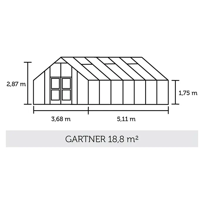 Juliana Gewächshaus Gärtner - Außenmaß inkl. Dachüberstand (B x T): 368 x 511 cm, Material Seitenwand: Kunststoff, 10 mm, Anthrazit/Schwarz - Schematische Darstellung eines "GARTNER" Gewächshauses mit den Maßen 3,68 m x 5,11 m, einer Höhe von 2,87 m und einer Fläche von 18,8 m².