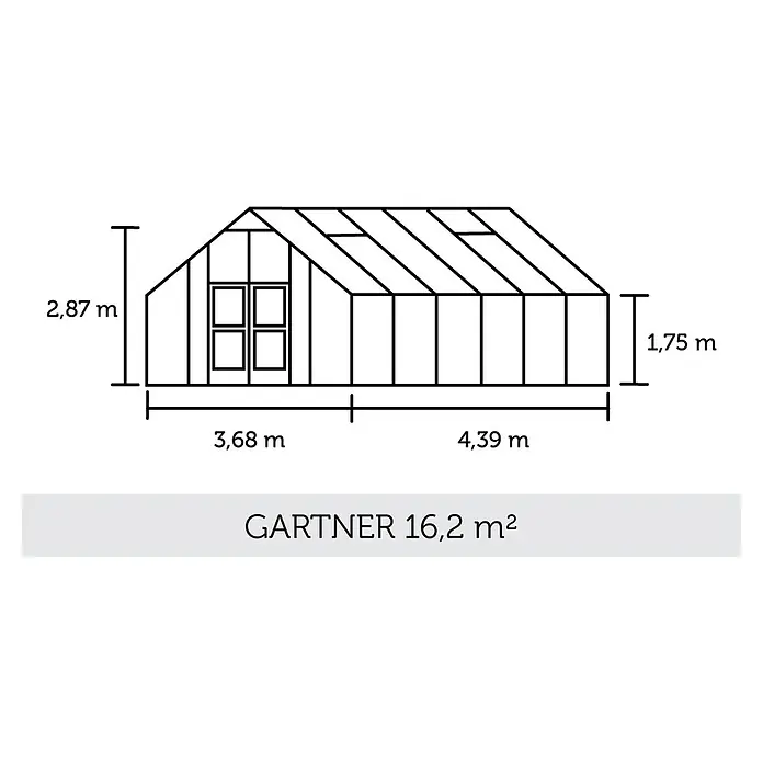 Juliana Gewächshaus Gärtner - Außenmaß inkl. Dachüberstand (B x T): 368 x 439 cm, Material Seitenwand: Kunststoff, 3 mm, Anthrazit/Schwarz, Stegdoppelplatten - Schema des Gartner-Gewächshauses mit einer Fläche von 16,2 m², das die Abmessungen und die Anordnung der Fenster zeigt.