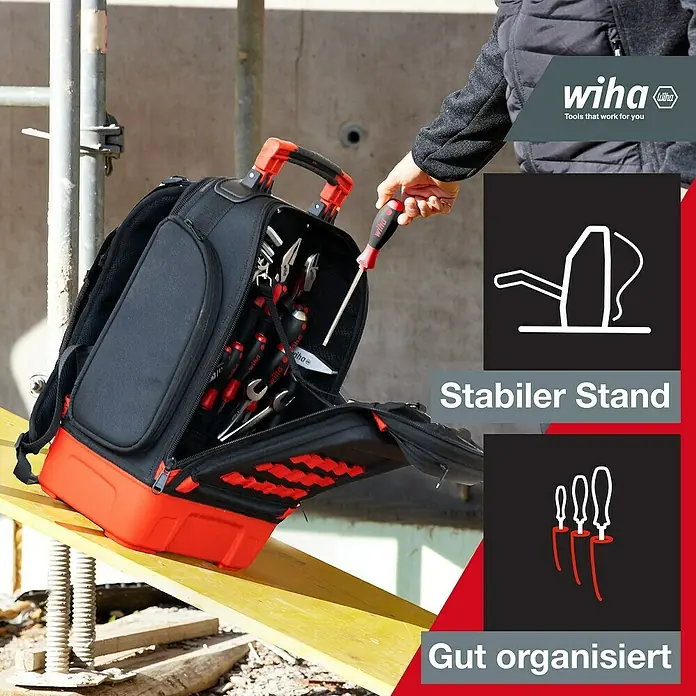 Wiha Werkzeugrucksack ELECTRIC - 28 -tlg. - Wiha Werkzeugrucksack mit Rollen im Einsatz. Der Rucksack bietet stabilen Stand und gute Organisation für Werkzeuge.