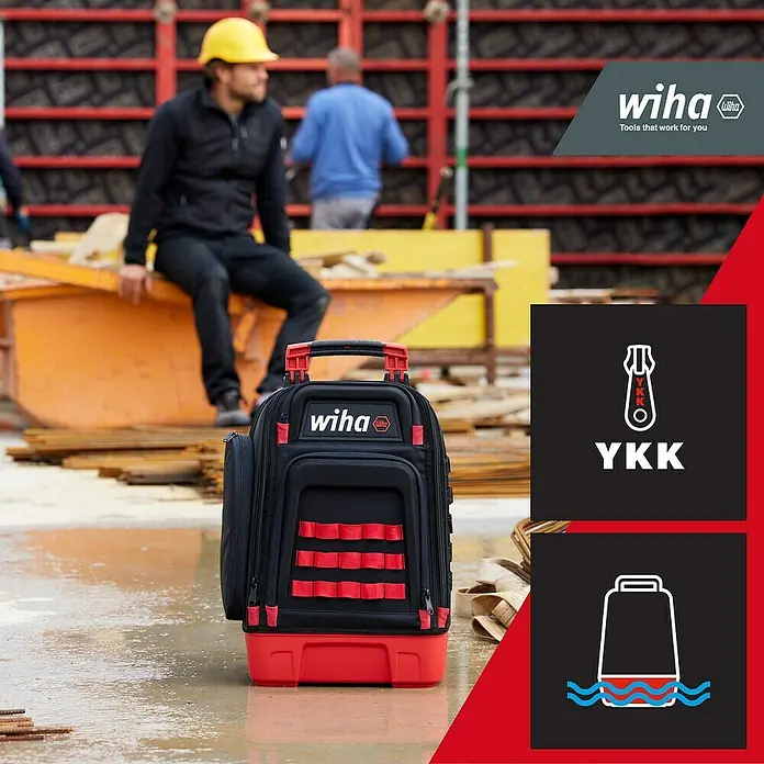 Wiha Werkzeugrucksack MECHANIC - 43 -tlg. - Wiha Werkzeugrucksack mit robustem Design, ideal für den professionellen Einsatz auf Baustellen. Wasserdichter Boden und YKK-Reißverschlüsse.