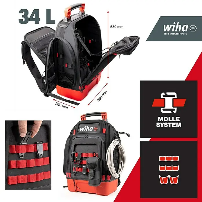 Wiha Werkzeugrucksack ELECTRIC - 28 -tlg. - Bild eines Wiha Werkzeugrucksacks mit großem Fassungsvermögen, ideal für Profis, mit praktischen Maßen und Molle-System für Werkzeugorganisation.