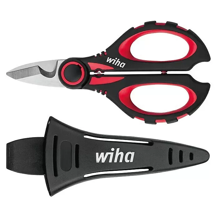 Wiha Elektrikerschere mit Crimpfunktion - Passend für: Adernendhülsen zwischen 1 - 5 mm² - Wiha schwarz-rote Elektrikerschere mit gezackten Klingen und Schutzhülle.