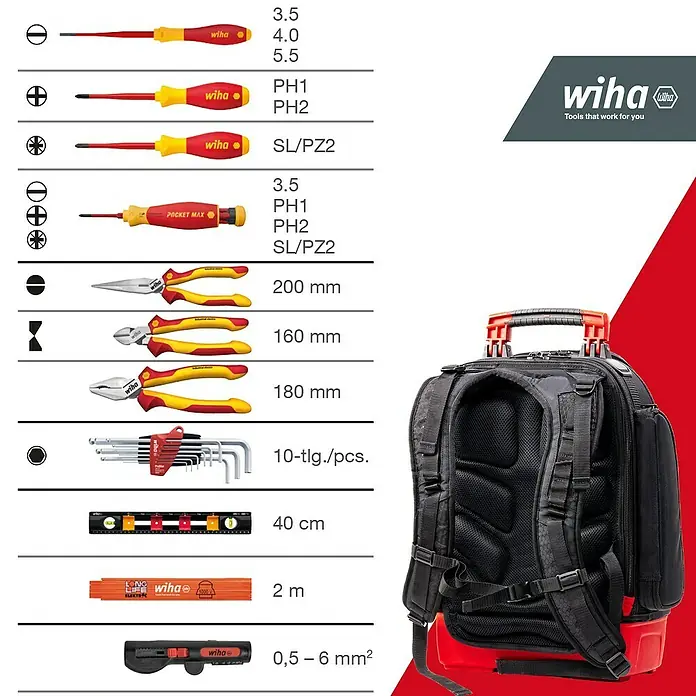 Wiha Werkzeugrucksack ELECTRIC - 28 -tlg. - Wiha Werkzeugrucksack mit einer Vielzahl an Werkzeugen, darunter Schraubendreher, Zangen, Inbusschlüssel, Wasserwaage und ein Cutter für vielseitige Anwendungen.