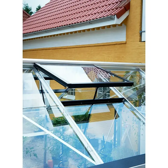 Juliana Gewächshaus Gärtner - Außenmaß inkl. Dachüberstand (B x T): 368 x 583 cm, Material Seitenwand: Kunststoff, 10 mm, Silber/Schwarz - Nahaufnahme eines Gewächshauses mit geöffnetem Fenster, das das Pflanzenwachstum im Inneren und das Haus im Hintergrund zeigt.