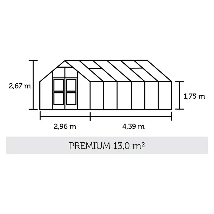 Juliana Gewächshaus Premium - Außenmaß inkl. Dachüberstand (B x T): 296 x 439 cm, Material Seitenwand: Glas, 3 mm, Silber/Schwarz - Abbildung eines Premium Gewächshauses mit den Maßen 2,67 m Höhe, 2,96 m und 4,39 m Breite und 1,75 m Seitenhöhe, Fläche 13,0 m².