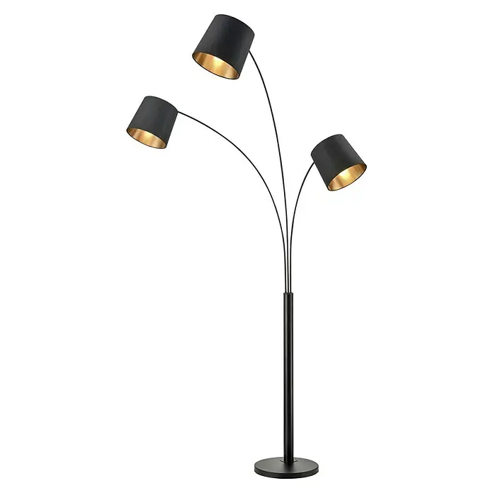 Tween Light Stehleuchte Cremona - 120 W, Höhe: 210 cm, Mattschwarz, Mattschwarz, Gold, E14 - Elegante schwarze Stehlampe mit drei schwenkbaren Lampenschirmen und goldener Innenseite, die ein warmes Licht verbreitet. Perfekt für stilvolle Beleuchtung.