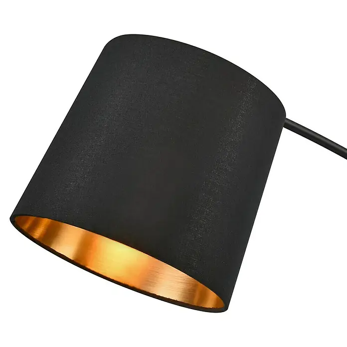 Tween Light Stehleuchte Cremona - 120 W, Höhe: 210 cm, Mattschwarz, Mattschwarz, Gold, E14 - Nahaufnahme eines eleganten Lampenschirms in Schwarz mit goldenem Innenfutter, der ein warmes Licht ausstrahlt. Stilvolle Beleuchtung für Ihr Zuhause.