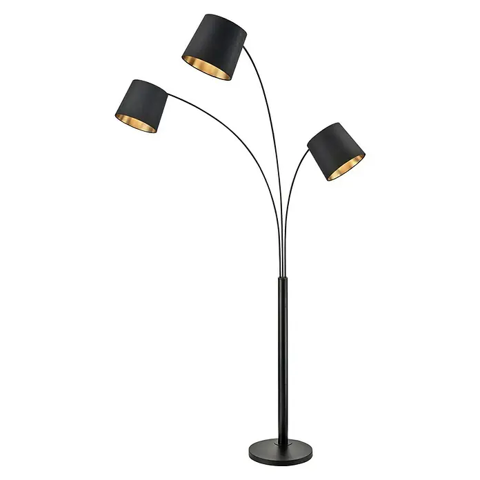Tween Light Stehleuchte Cremona - 120 W, Höhe: 210 cm, Mattschwarz, Mattschwarz, Gold, E14 - Stehleuchte mit drei schwarzen Lampenschirmen und goldenem Innenleben auf schwarzem Fuß.