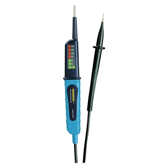 Profi Depot Spannungsprüfer - Polanzahl: 2 Stk., Messbereich Gleichspannung: 6 V - 400 V, Messbereich Wechselspannung: 6 V - 400 V - Das Bild zeigt einen blauen PANCONTROL 400 Spannungsprüfer mit zwei Messspitzen und LED-Anzeige für verschiedene Spannungswerte.