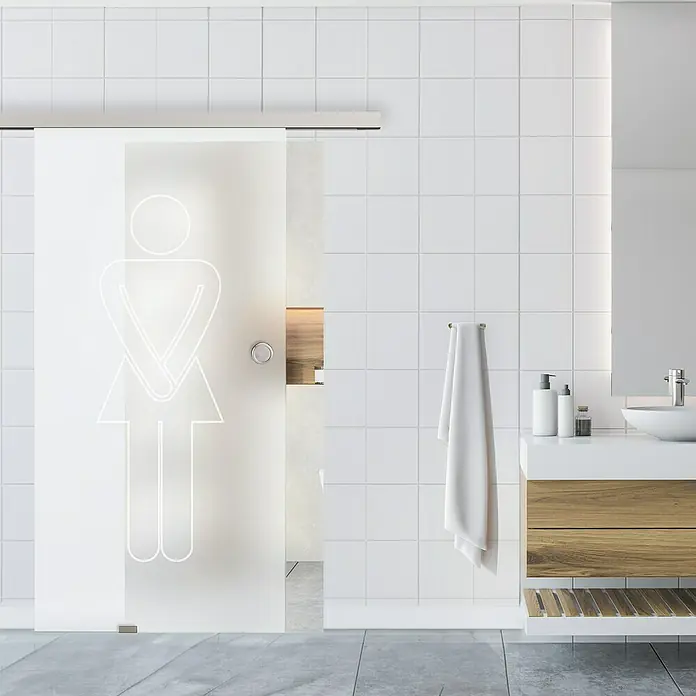 Diamond Doors Glasschiebetür 628 - 935 x 2.058 mm, Einscheibensicherheitsglas (ESG), Milchglas - Ein modernes Badezimmer mit einer Schiebetür aus Glas, die mit einem Frauensymbol versehen ist. Helles und minimalistisches Design.