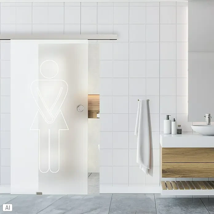 Diamond Doors Glasschiebetür-Beschlag Linea 40 Premium - Aluminium, Art Beschlag: Geschlossen, 1.900 mm - Ein modernes Badezimmer mit einer Schiebetür aus Glas, die mit einem Frauensymbol versehen ist. Helles und minimalistisches Design.